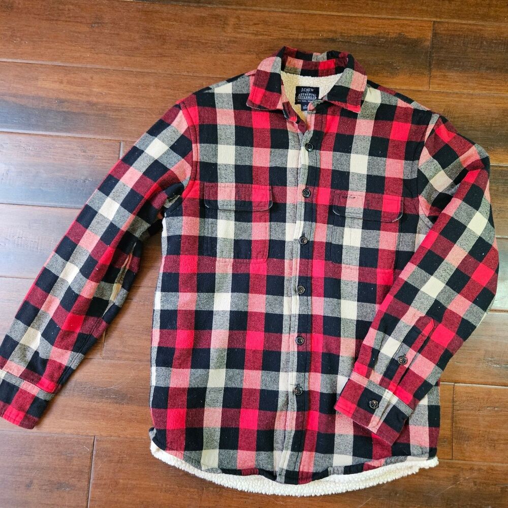 J.Crew Men's S Red Black Beige Plaid Flannel Sherpa Lined Workwear Shacket
